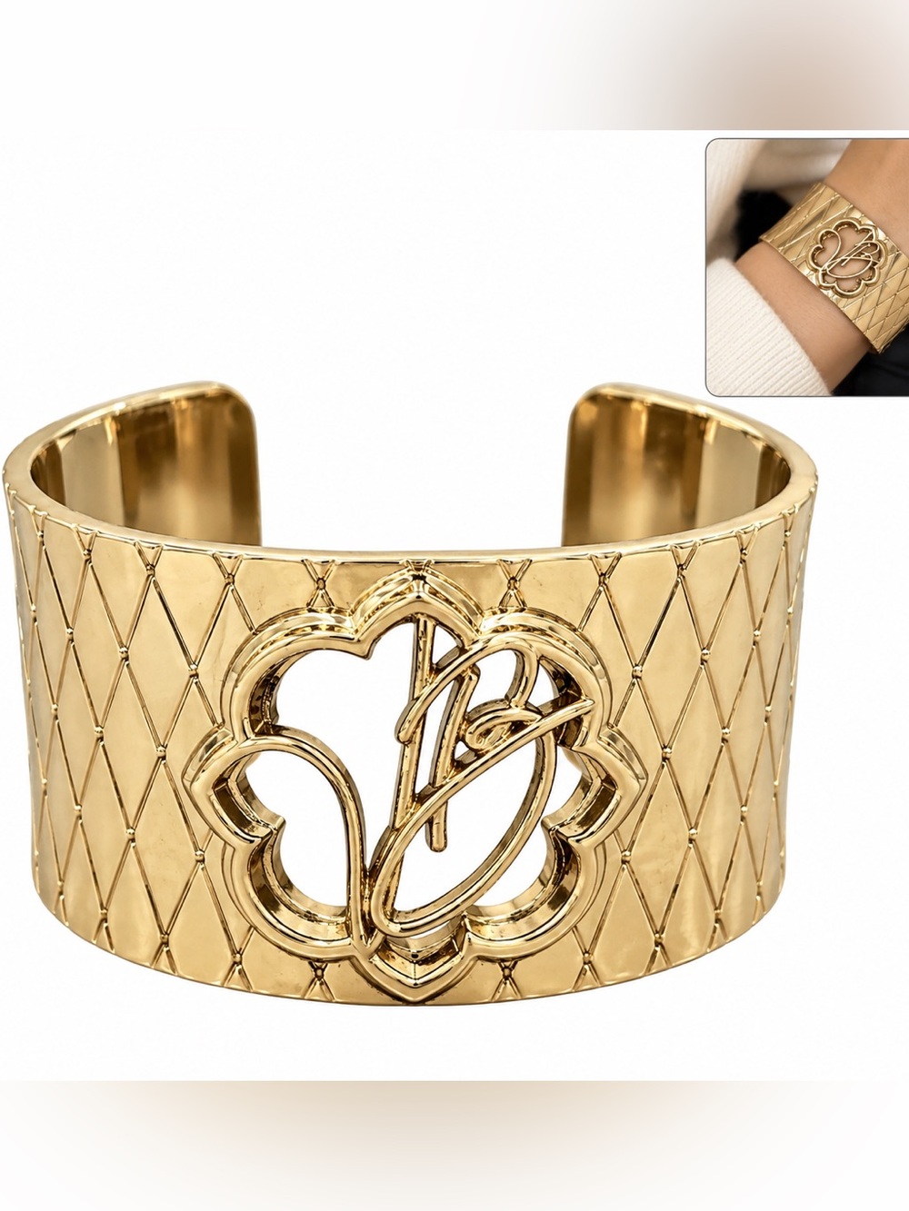 Vera Bradley Gold Flower Monogram Open Cuff Bracelet statement chunky preppy